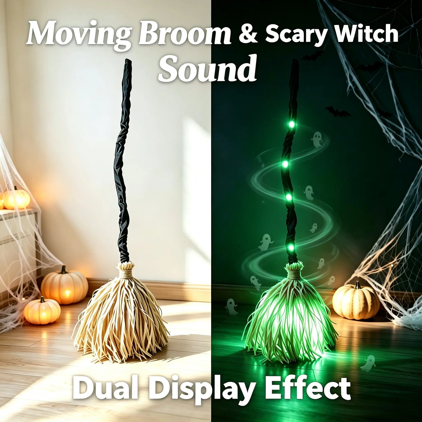 Animated Witch Broom with Lights & Spooky Sounds