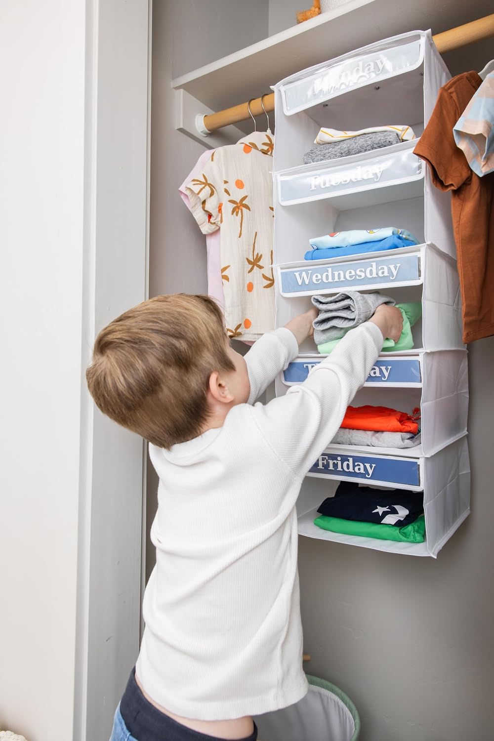 Monday through Friday Hanging Weekly Clothes Organizer for Kids