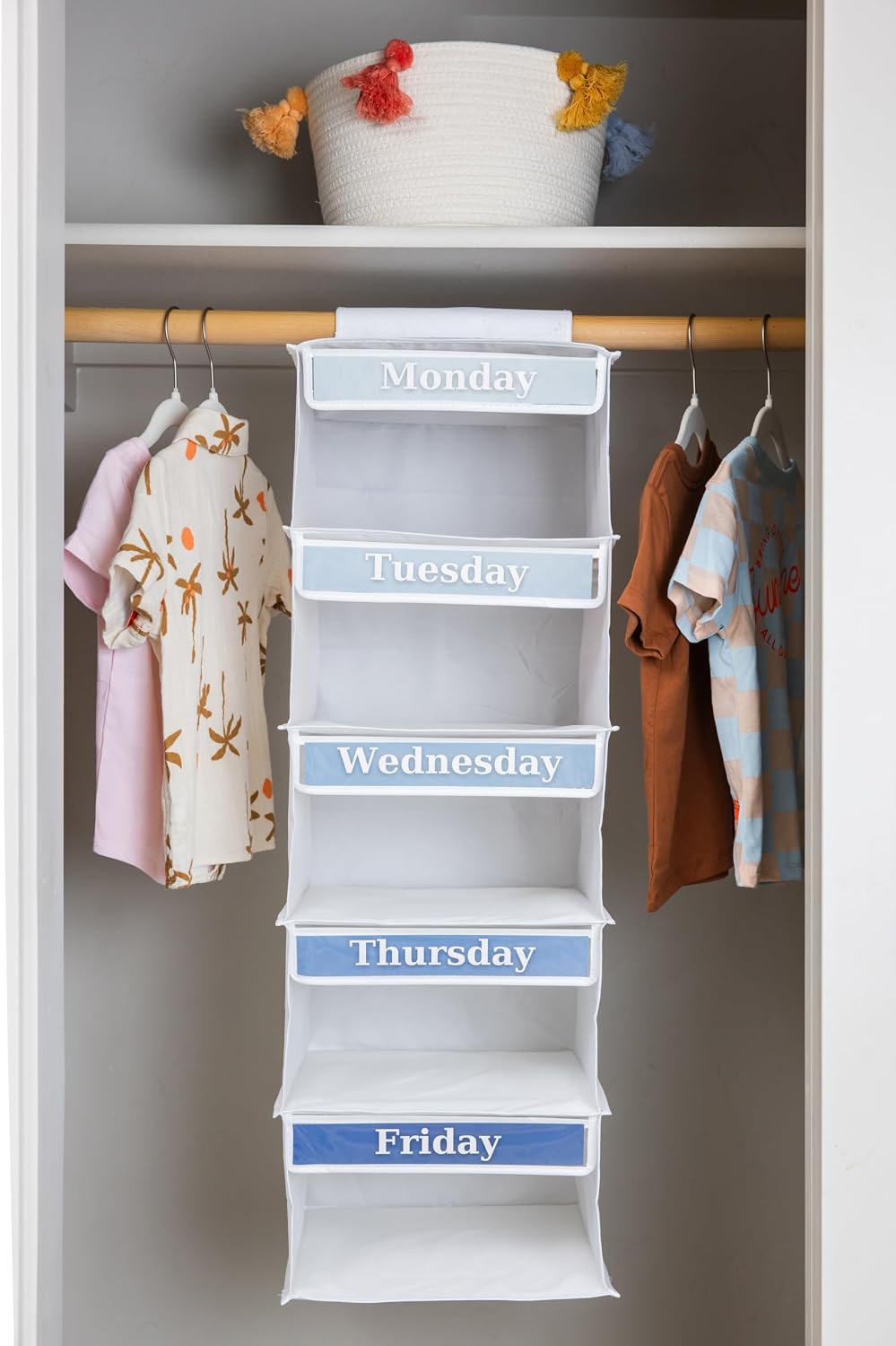 Monday through Friday Hanging Weekly Clothes Organizer for Kids