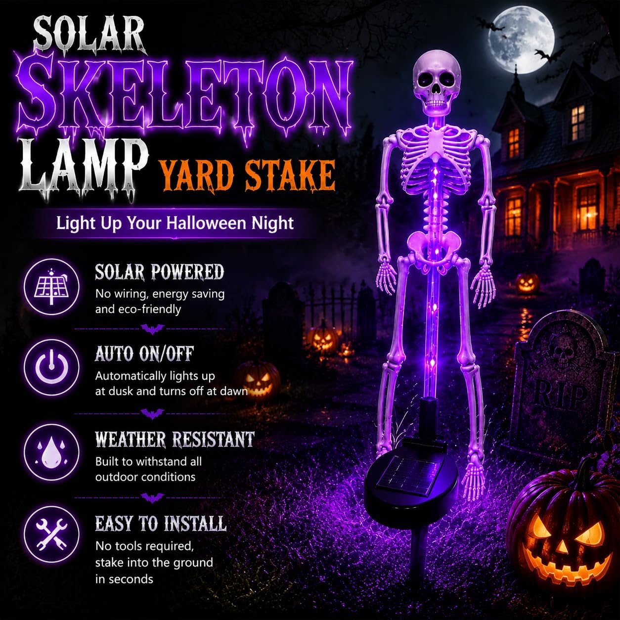 Solar Skeleton Lamp Yard Stake Halloween Decorations Garden Light, 28''