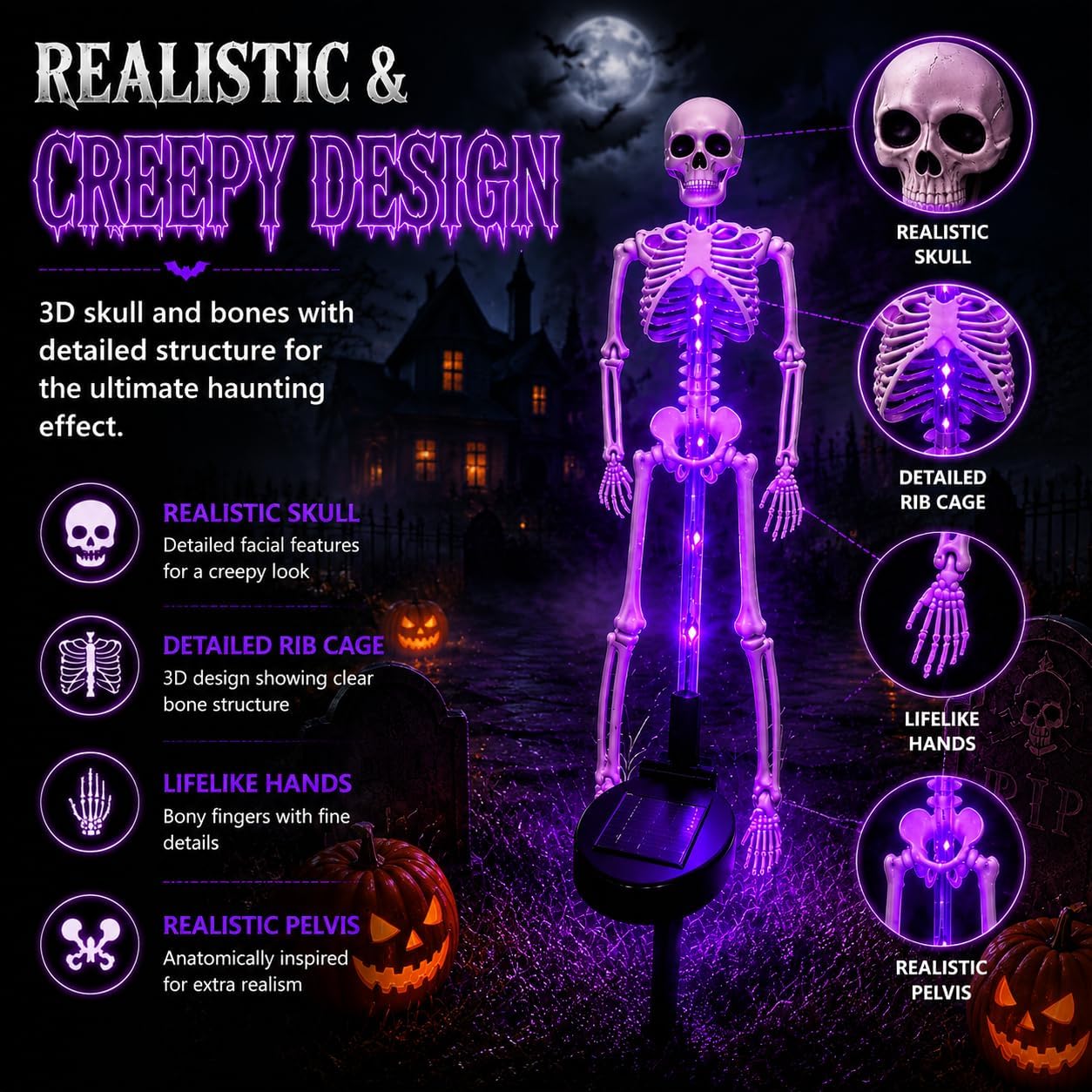 Solar Skeleton Lamp Yard Stake Halloween Decorations Garden Light, 28''