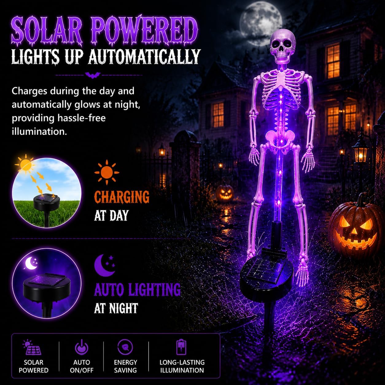 Solar Skeleton Lamp Yard Stake Halloween Decorations Garden Light, 28''