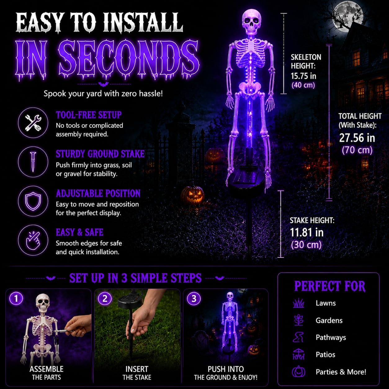 Solar Skeleton Lamp Yard Stake Halloween Decorations Garden Light, 28''