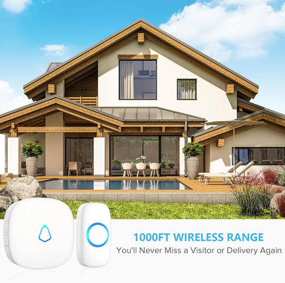 SECRUI Waterproof Wireless Doorbell – 1000ft Range, 58 Chimes, LED Alert