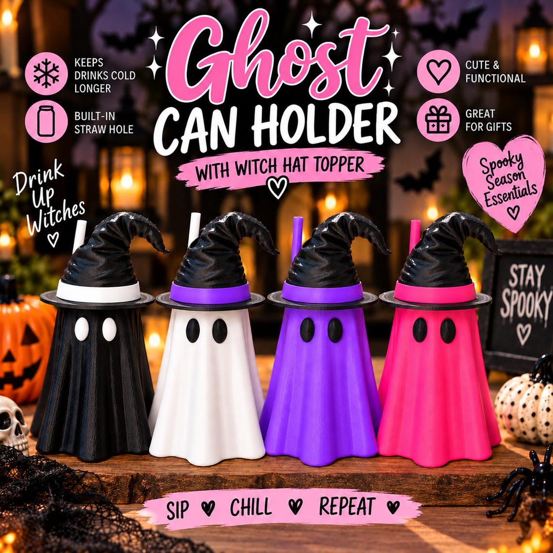Halloween witch hat ghost Can Holder 12oz