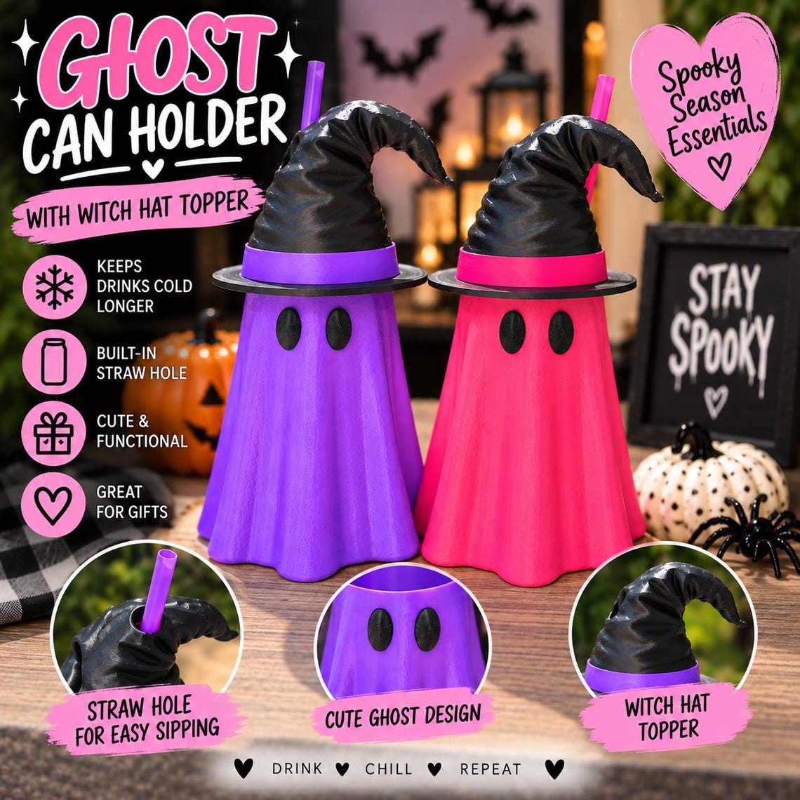 Halloween witch hat ghost Can Holder 12oz