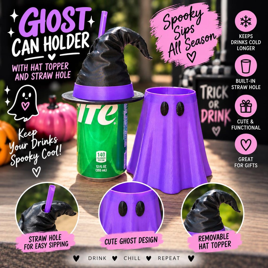 Halloween witch hat ghost Can Holder 12oz
