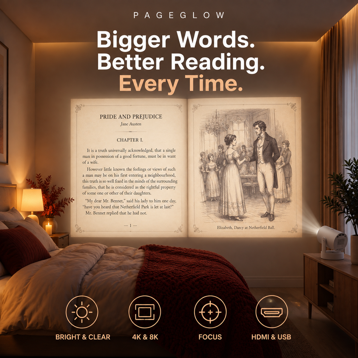 ❤️ 180° Adjustable Reading Projector – 4K Supported with HDMI & Speaker