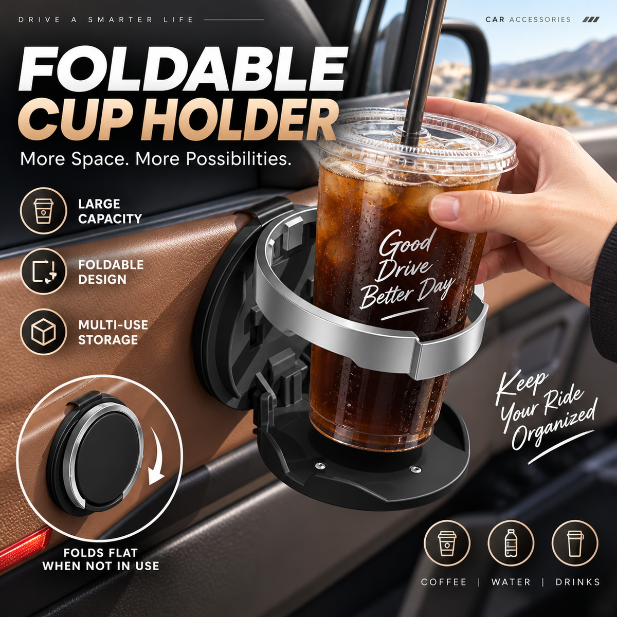 ❤️Space-Saving Foldable Car Cup Holder with Hook