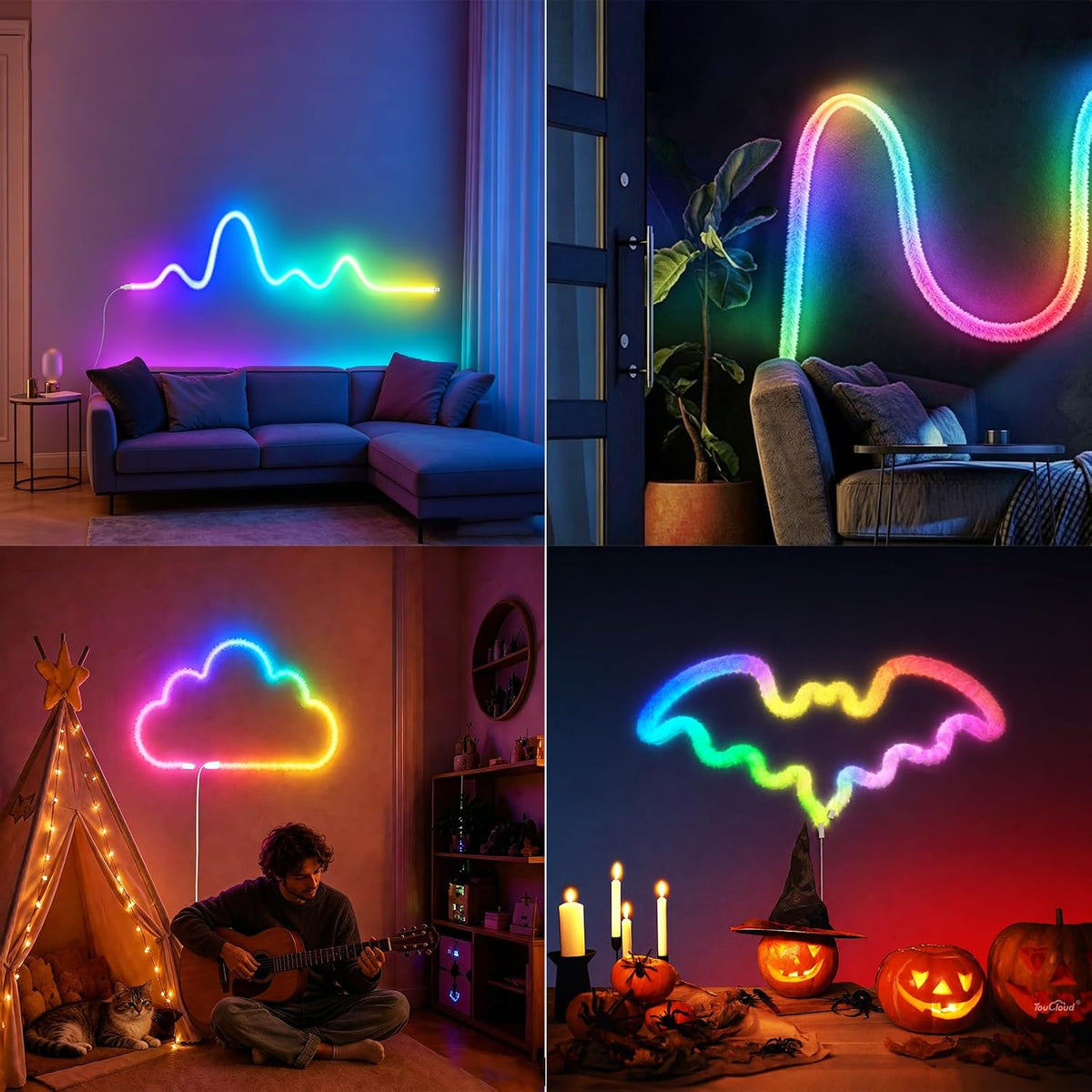 🎉3.3FT Plush USB Neon Rope Lights, 360° Luminous RGB+IC USB LED Light Strip with Remote and APP Control