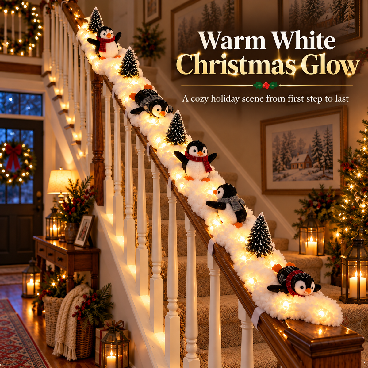 ❤️Playful Penguin Snowy Stair Railing Decor