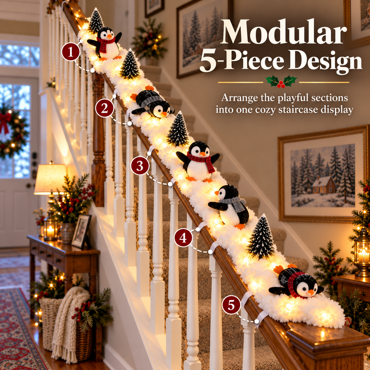 ❤️Playful Penguin Snowy Stair Railing Decor