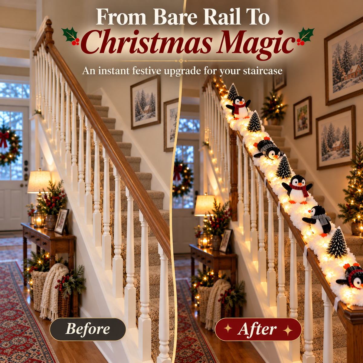 ❤️Playful Penguin Snowy Stair Railing Decor