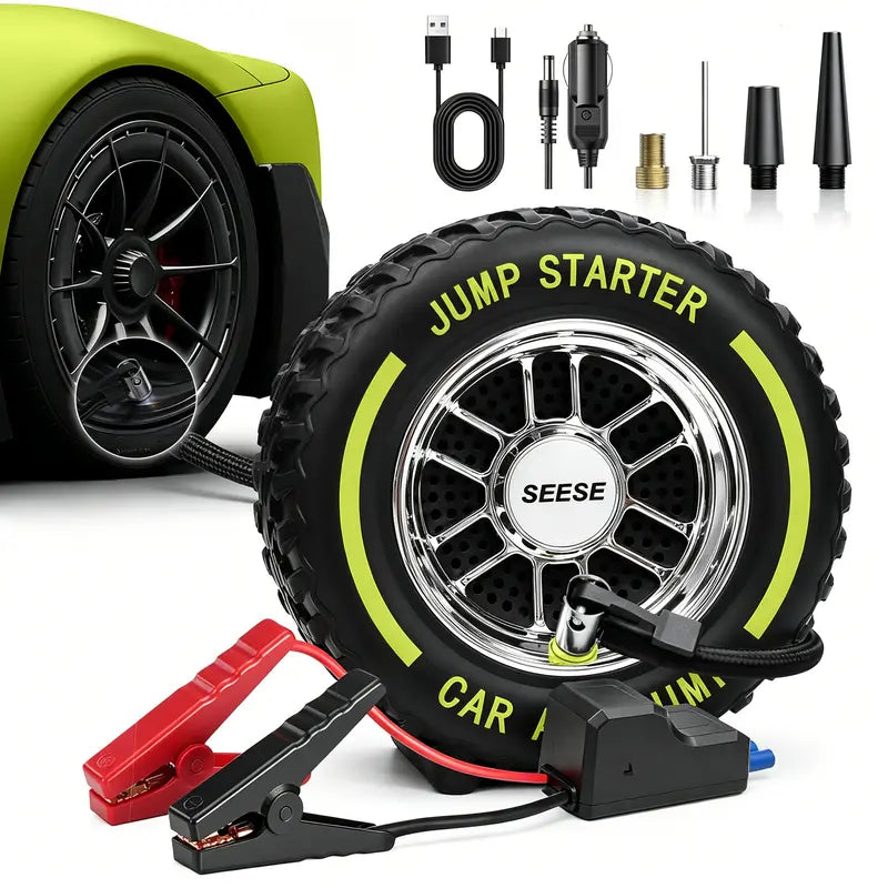 🎉Electric Portable Tire Inflator, 8000mAh, 120 PSI Inflator with LED light, DC12V Jump Starter - Ideal for Rapid Inflation of Motorcycles/Bicycle/Balls