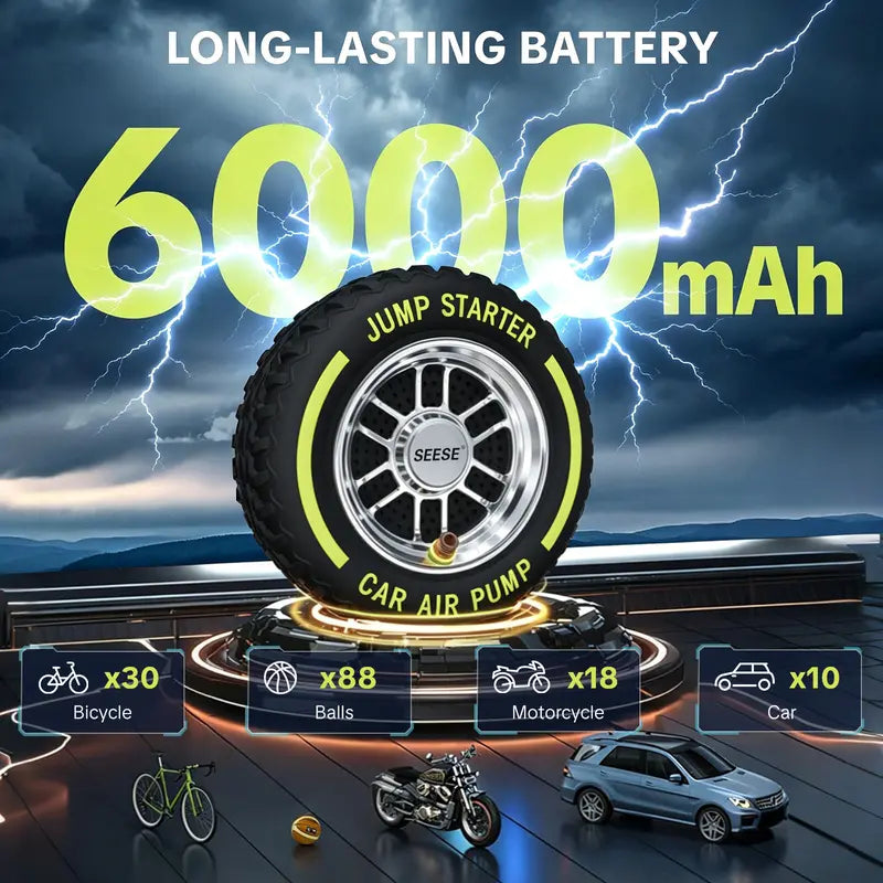 🎉Electric Portable Tire Inflator, 8000mAh, 120 PSI Inflator with LED light, DC12V Jump Starter - Ideal for Rapid Inflation of Motorcycles/Bicycle/Balls