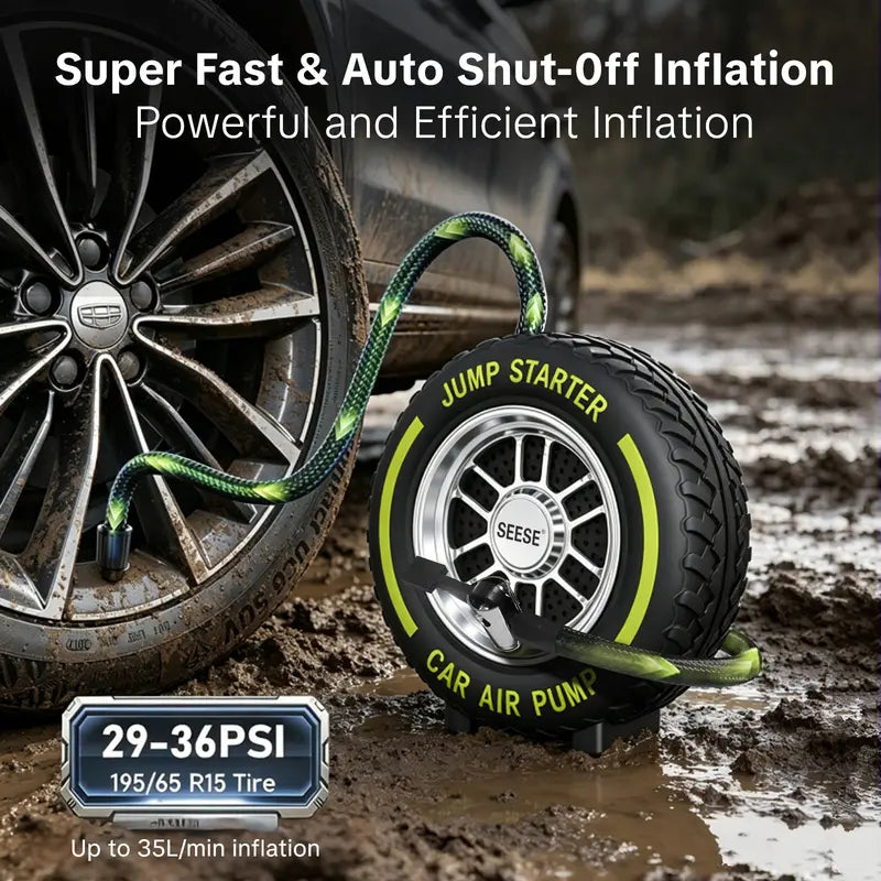 🎉Electric Portable Tire Inflator, 8000mAh, 120 PSI Inflator with LED light, DC12V Jump Starter - Ideal for Rapid Inflation of Motorcycles/Bicycle/Balls