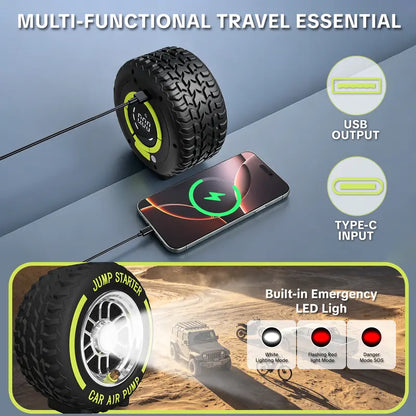 🎉Electric Portable Tire Inflator, 8000mAh, 120 PSI Inflator with LED light, DC12V Jump Starter - Ideal for Rapid Inflation of Motorcycles/Bicycle/Balls