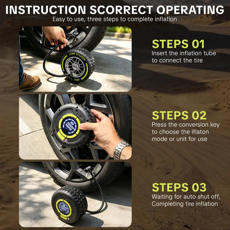🎉Electric Portable Tire Inflator, 8000mAh, 120 PSI Inflator with LED light, DC12V Jump Starter - Ideal for Rapid Inflation of Motorcycles/Bicycle/Balls