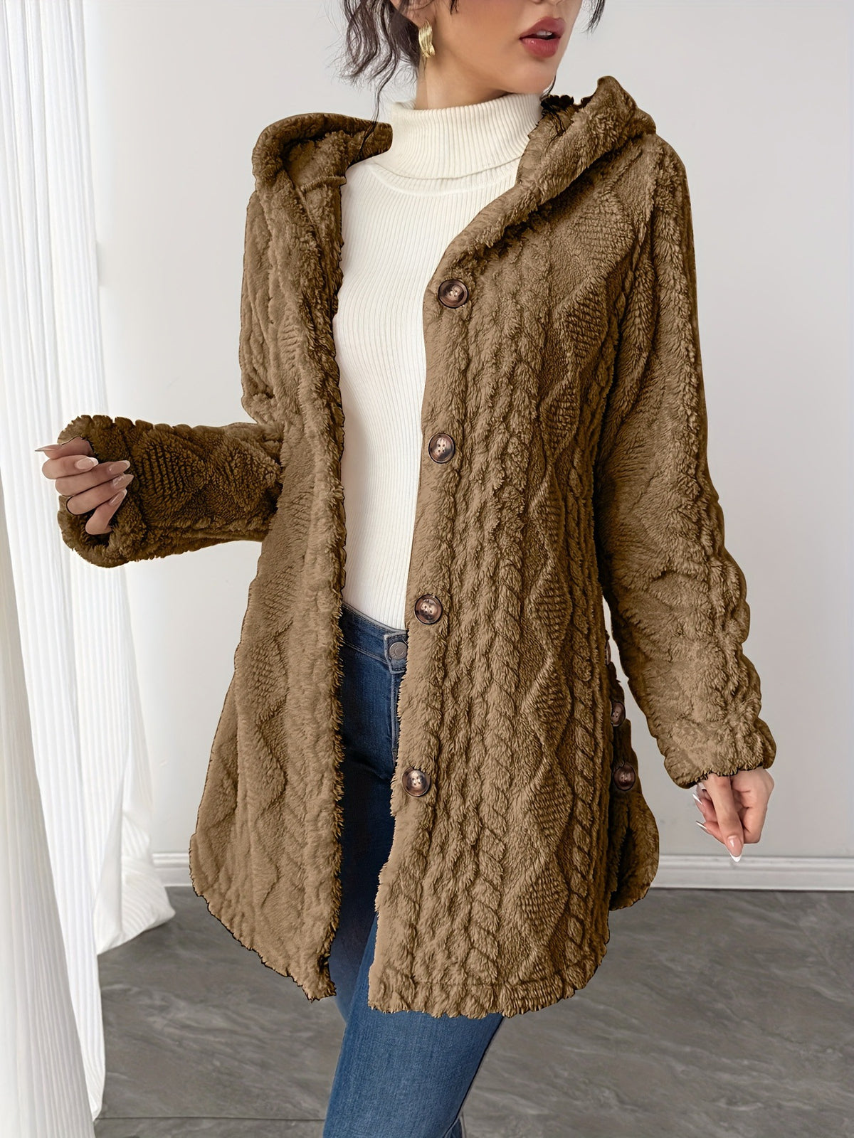 🎉Hooded Cardigan for Women Cable Knit Fleece Long Warm Sweater Coat