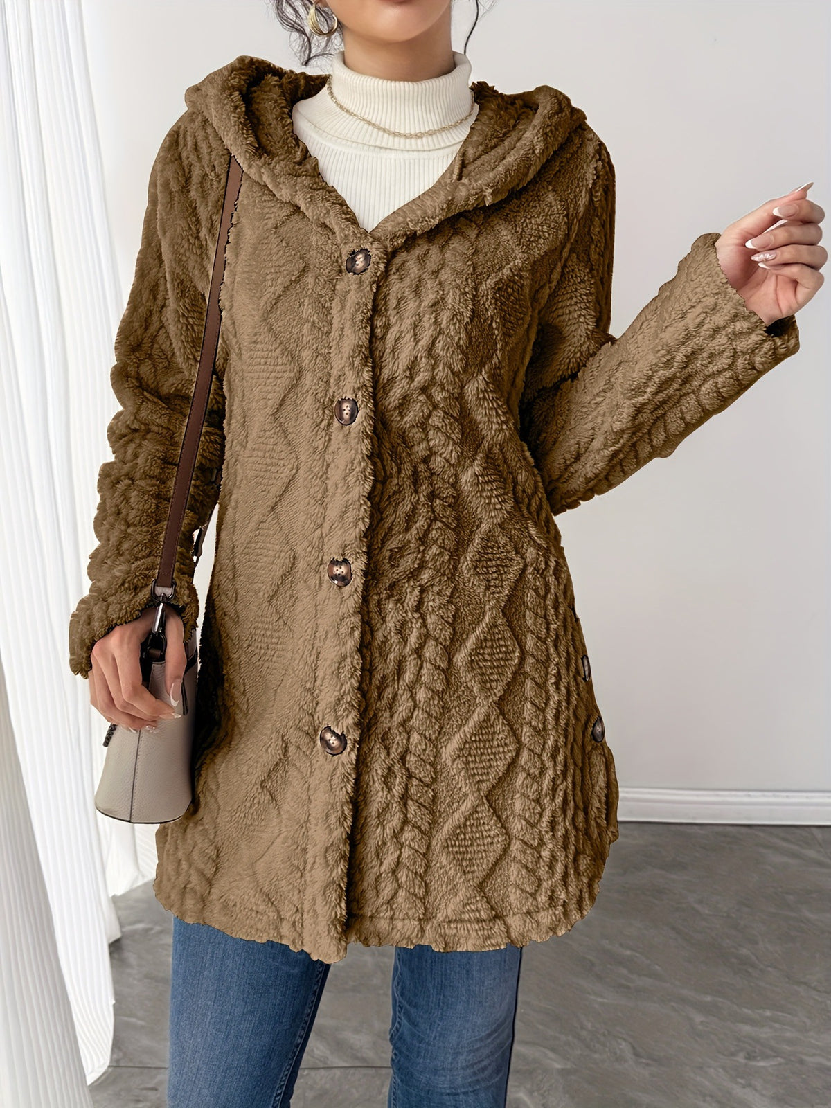 🎉Hooded Cardigan for Women Cable Knit Fleece Long Warm Sweater Coat