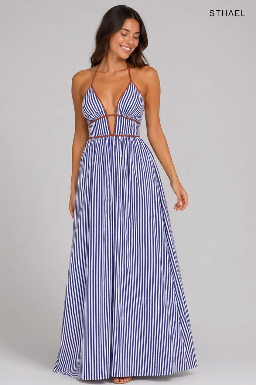 Damen Fließendes Gestreiftes Neckholder Maxikleid – Tiefes V-Ausschnitt Strandkleid