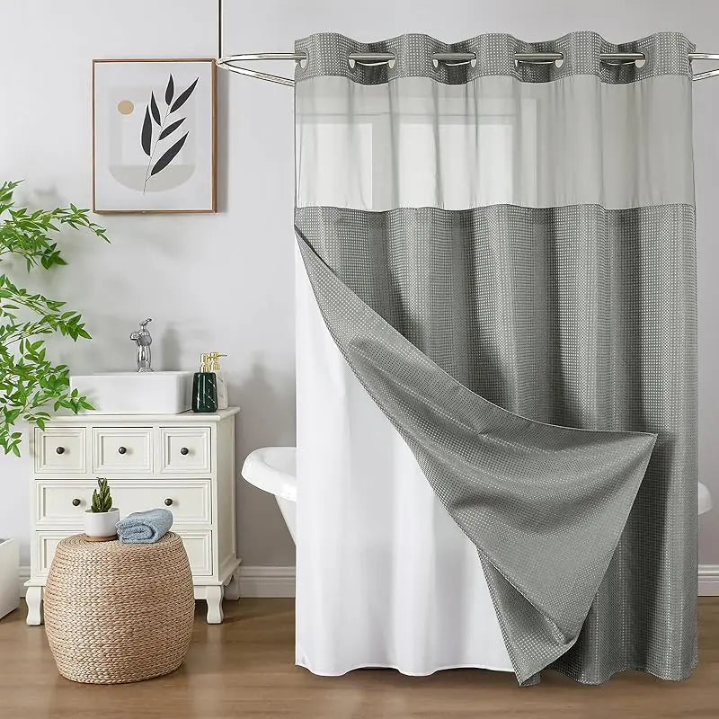 Colorful Star No-Hook Shower Curtain Set with Snap-In Liner