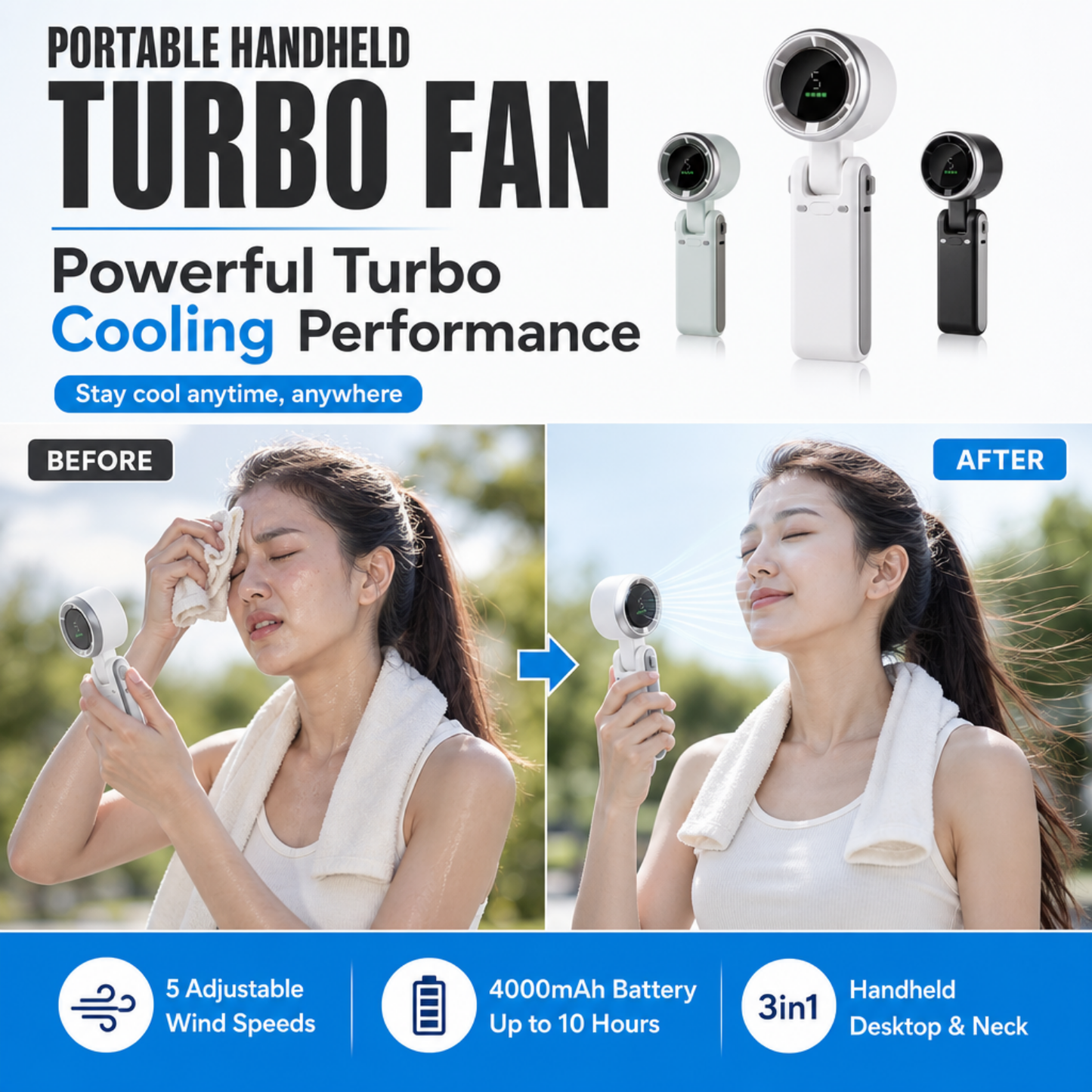 Portable Handheld Turbo Fan — 5-Speed. 4000mAh. 10H Battery Life