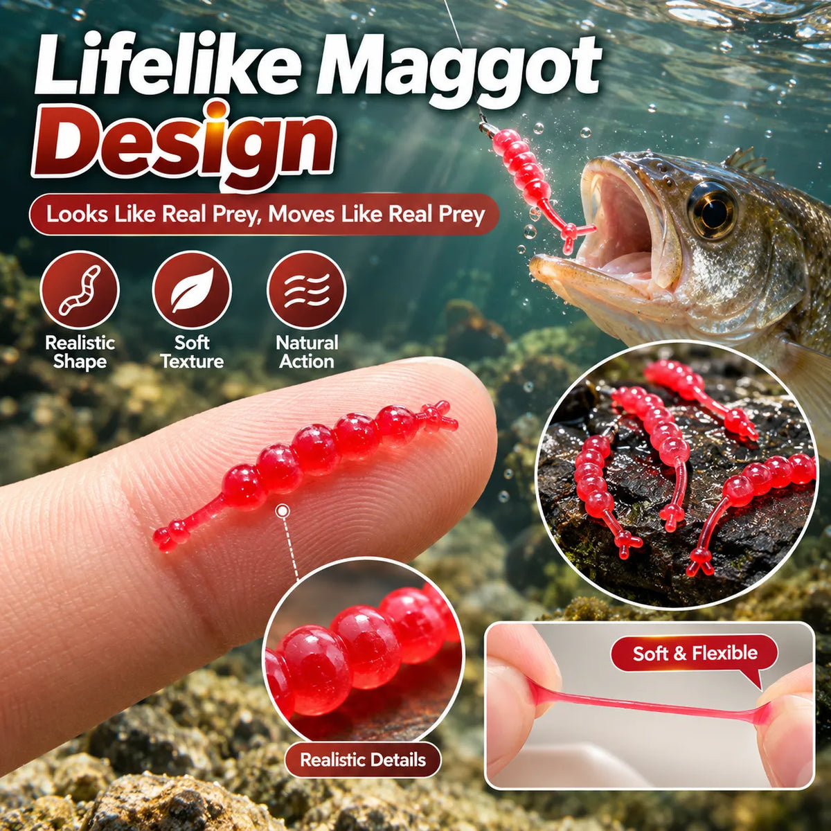 🎁60Pcs Lifelike Maggot Soft Fishing Lures – Scented & Flexible Bait