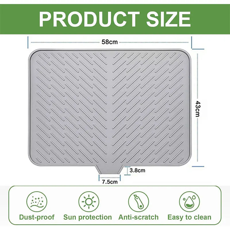 🧺 Silicone Dish Drying Mat, Heat Resistant Non-Slip Foldable Drain Pad with Built-In Drain Lip