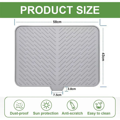 🧺 Silicone Dish Drying Mat, Heat Resistant Non-Slip Foldable Drain Pad with Built-In Drain Lip