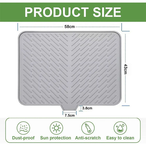 🧺 Silicone Dish Drying Mat, Heat Resistant Non-Slip Foldable Drain Pad with Built-In Drain Lip