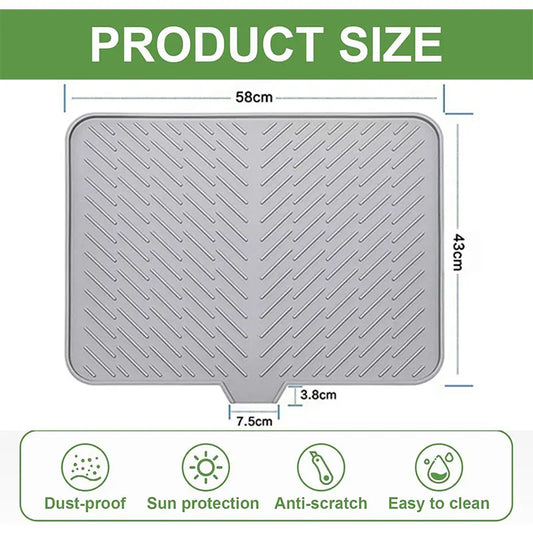 🧺 Silicone Dish Drying Mat, Heat Resistant Non-Slip Foldable Drain Pad with Built-In Drain Lip