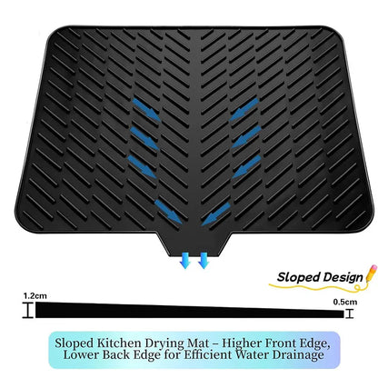🧺 Silicone Dish Drying Mat, Heat Resistant Non-Slip Foldable Drain Pad with Built-In Drain Lip