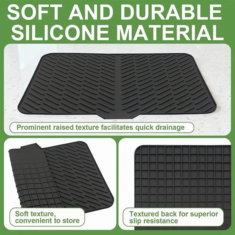 🧺 Silicone Dish Drying Mat, Heat Resistant Non-Slip Foldable Drain Pad with Built-In Drain Lip