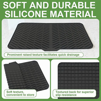 🧺 Silicone Dish Drying Mat, Heat Resistant Non-Slip Foldable Drain Pad with Built-In Drain Lip
