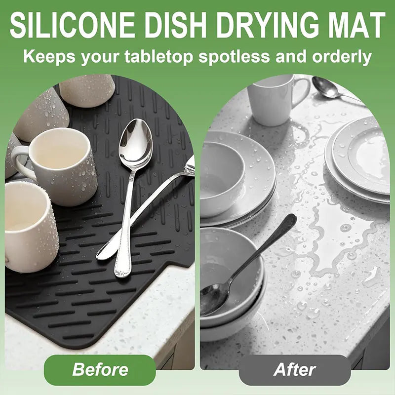 🧺 Silicone Dish Drying Mat, Heat Resistant Non-Slip Foldable Drain Pad with Built-In Drain Lip