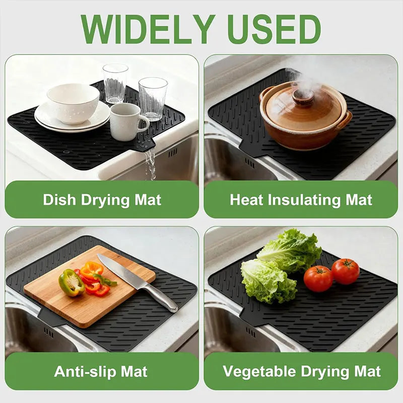 🧺 Silicone Dish Drying Mat, Heat Resistant Non-Slip Foldable Drain Pad with Built-In Drain Lip