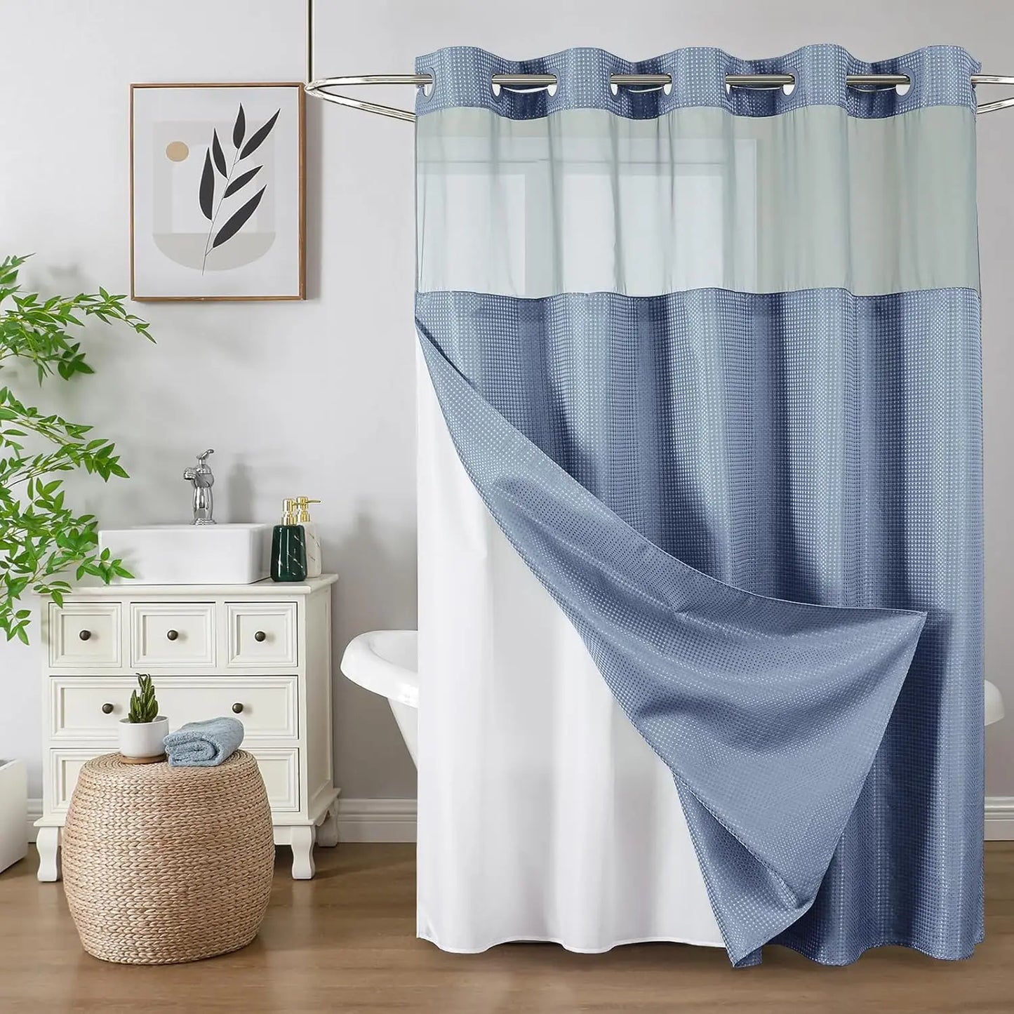 Colorful Star No-Hook Shower Curtain Set with Snap-In Liner