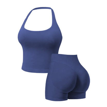 Seamless Workout Sets for Women – Halter Tank Top & Gym Scrunched Shorts Sports Set