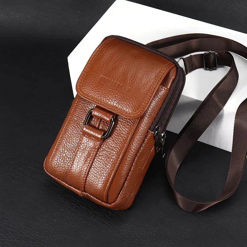 🎁Men’s Leather Phone Bag with 3 Compartments, Magnetic Flap & Adjustable Crossbody Strap