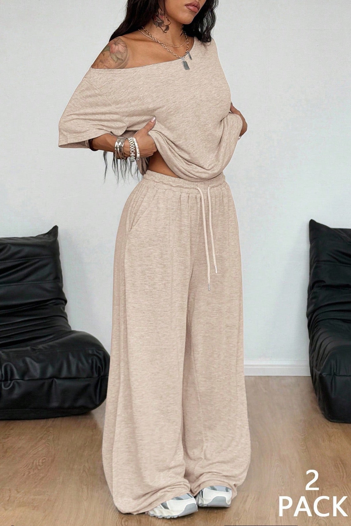 Women's Off-Shoulder Top & Wide-Leg Pants Set