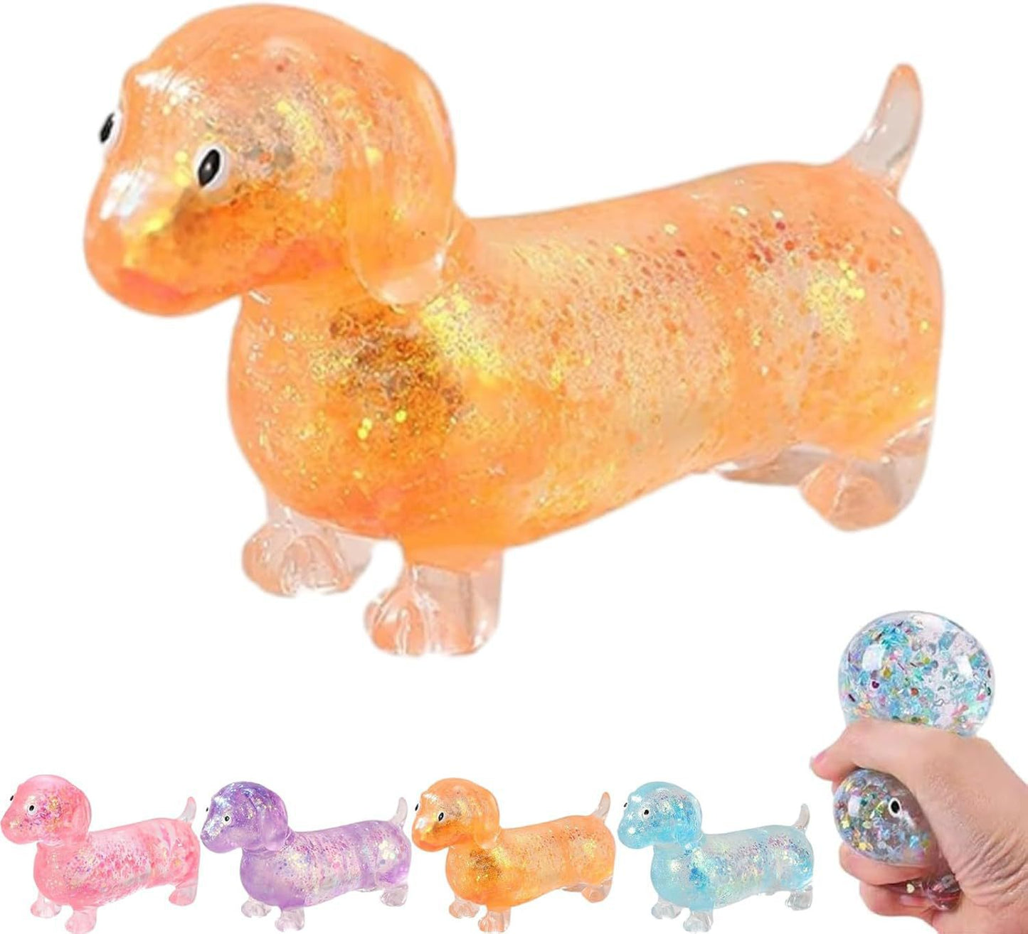 Sparkly Dachshund Squishy Stress Relief Toy – Cute Stretchy Anxiety Fidget for Kids & Adults
