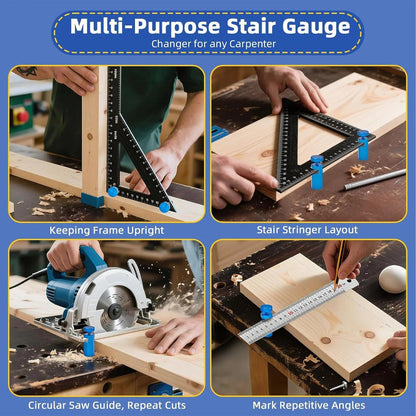 GJANSH Stair Gauges for Framing Square – Aluminum Framing Jig with Holder & Hook, Precision Layout Tool for Carpentry, Speed Square & Circular Saw