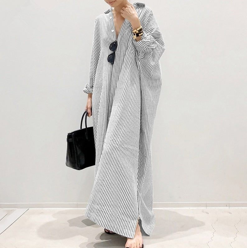 Women's Breezy Striped Button-Front Cotton Maxi Shirt Dress