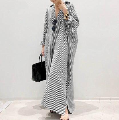 Women's Breezy Striped Button-Front Cotton Maxi Shirt Dress