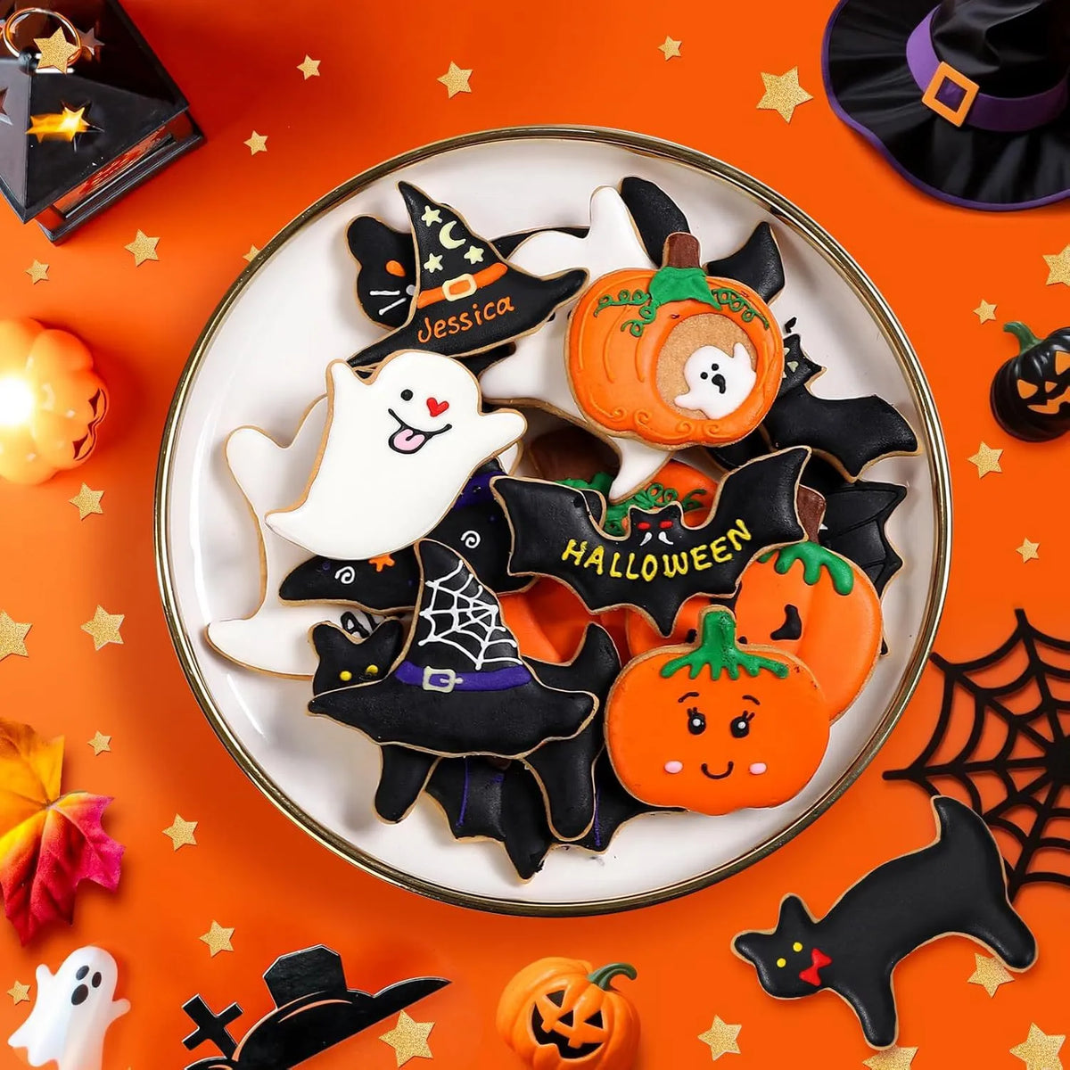 🎁12Pcs Halloween Cookie Cutter Set – Ghost, Witch Hat, Pumpkin & Bat