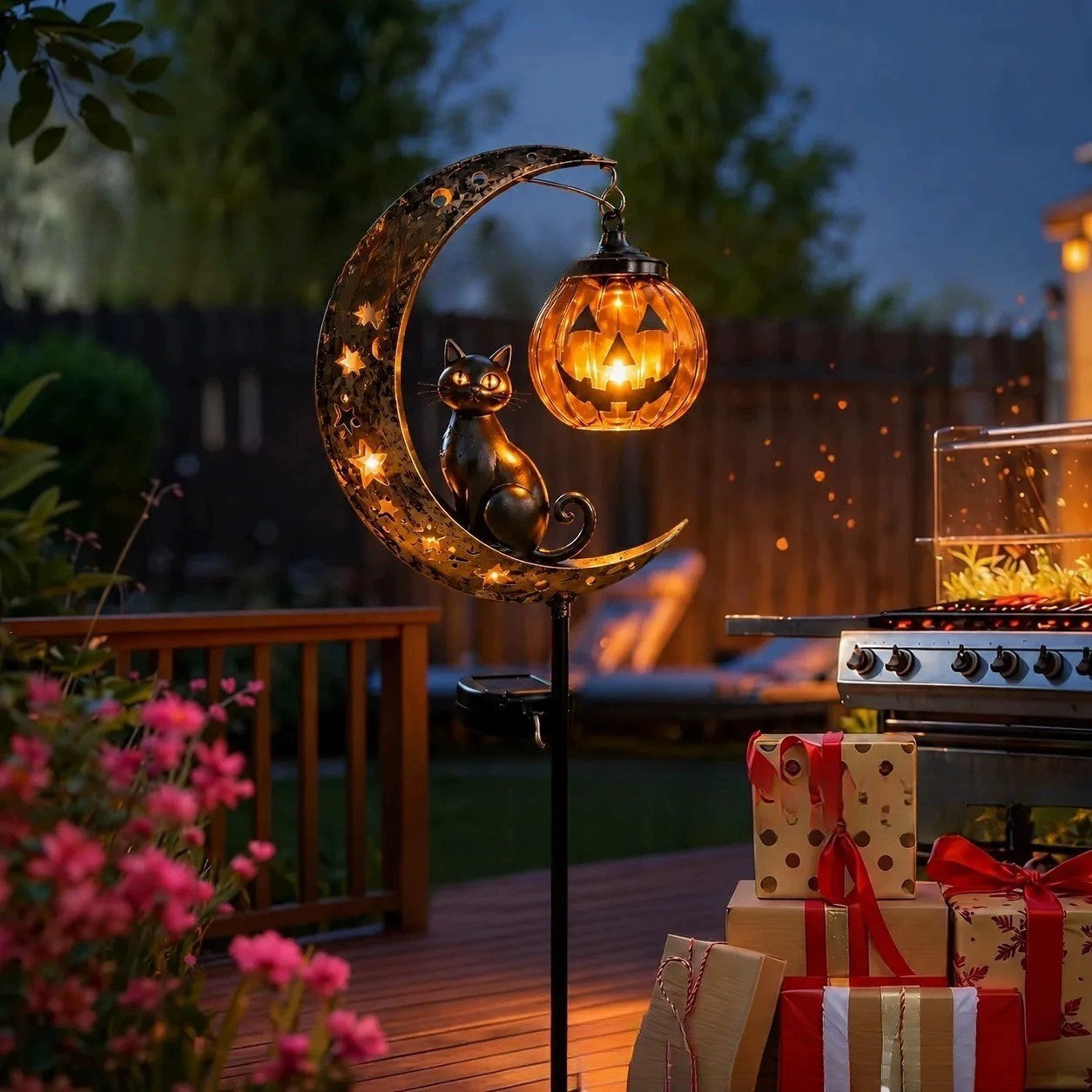Solar Halloween Garden Stake Light with Glowing Pumpkin & Black Cat Outdoor Yard Decoration