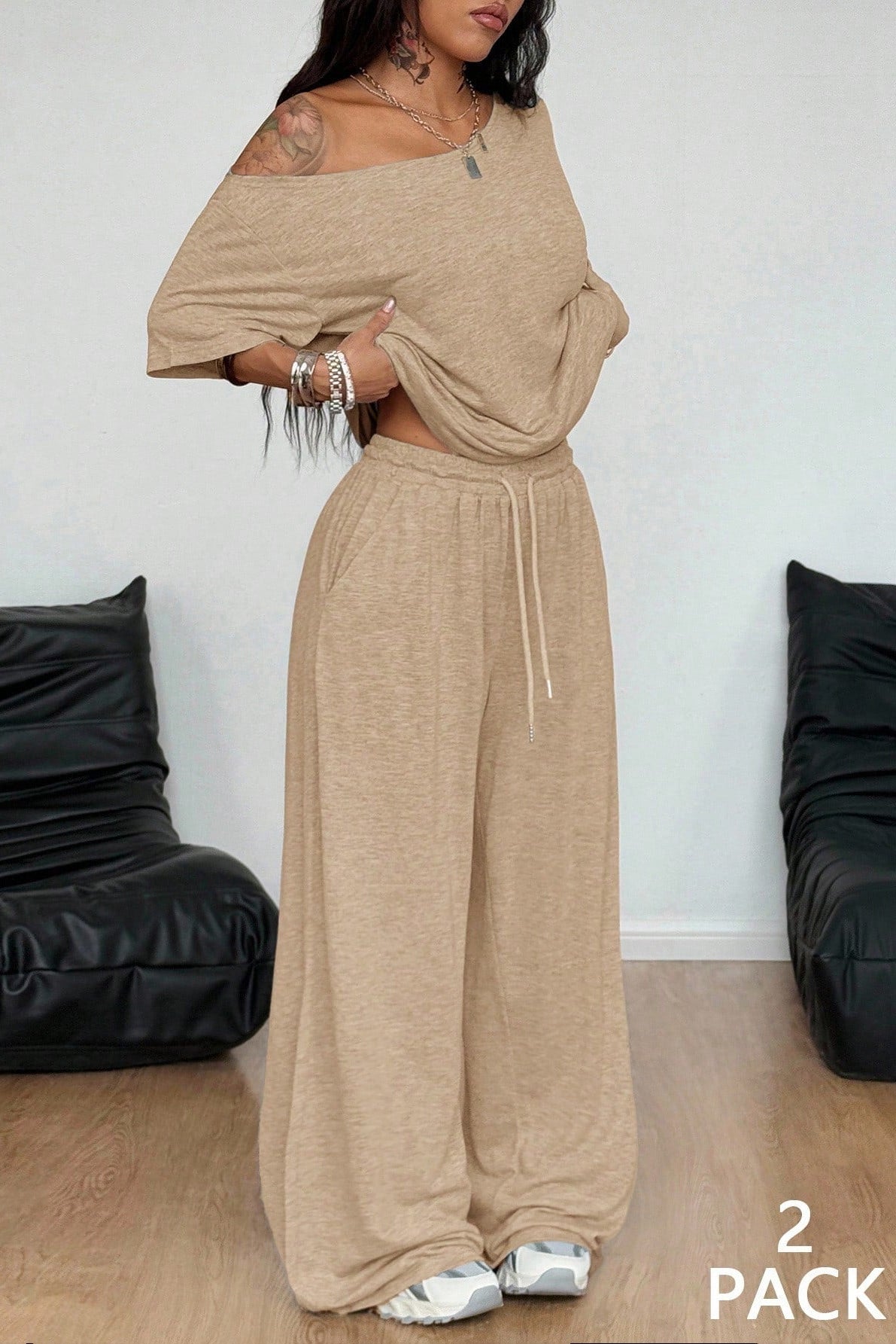 Women's Off-Shoulder Top & Wide-Leg Pants Set