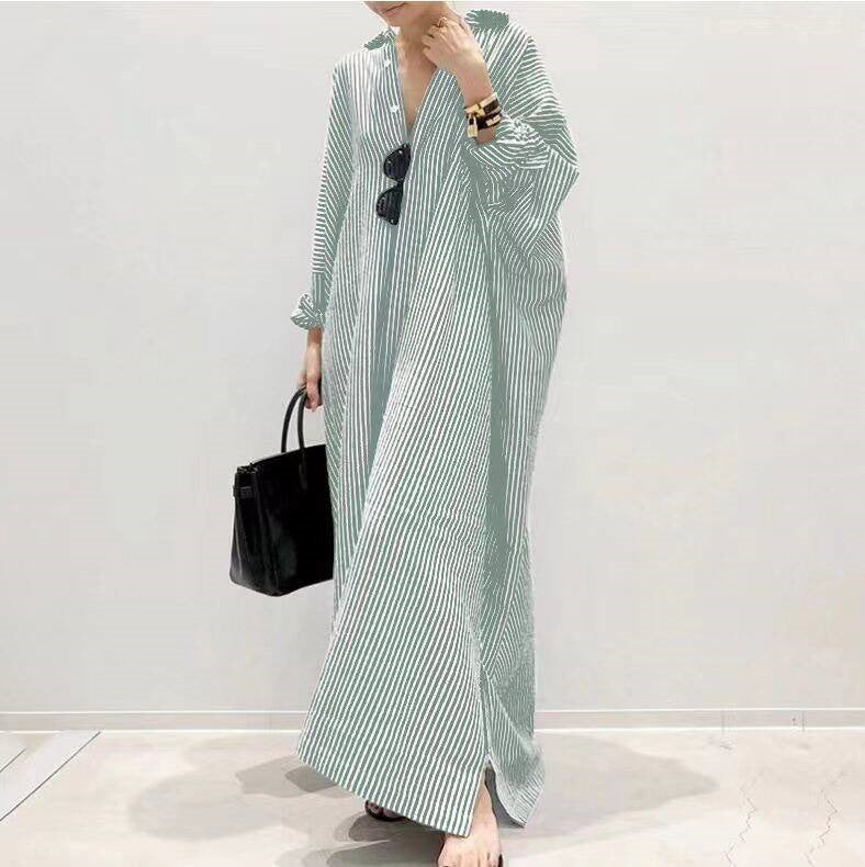 Women's Breezy Striped Button-Front Cotton Maxi Shirt Dress