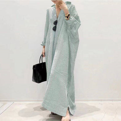 Women's Breezy Striped Button-Front Cotton Maxi Shirt Dress